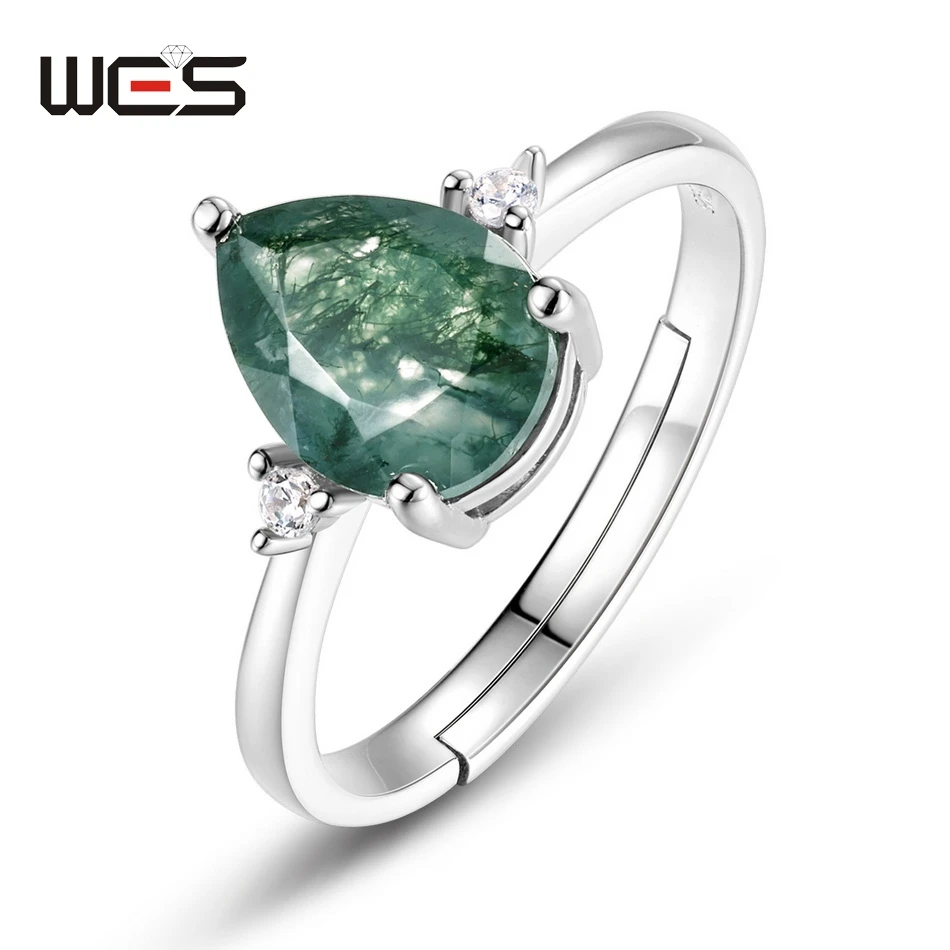 

WES 100% 925 Silver Natural Unique Moss Agate Open Rings For Woman Geometric Shape Engagement Gift Forest Jewelry Wholesale