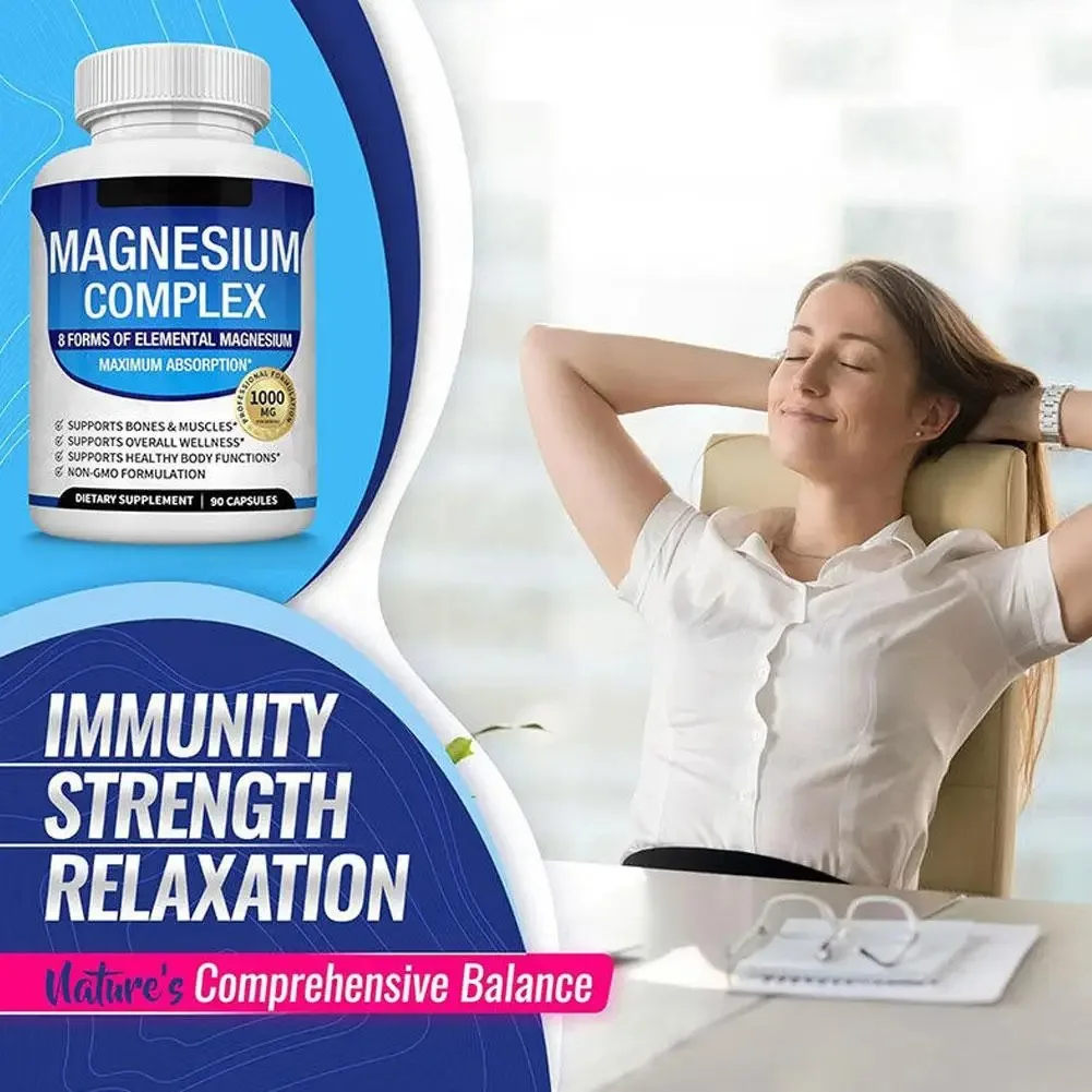 90 Count Triple Magnesium Complex Capsules 1000mg for Support Bone Heart Health Stress & Anxiety Relief