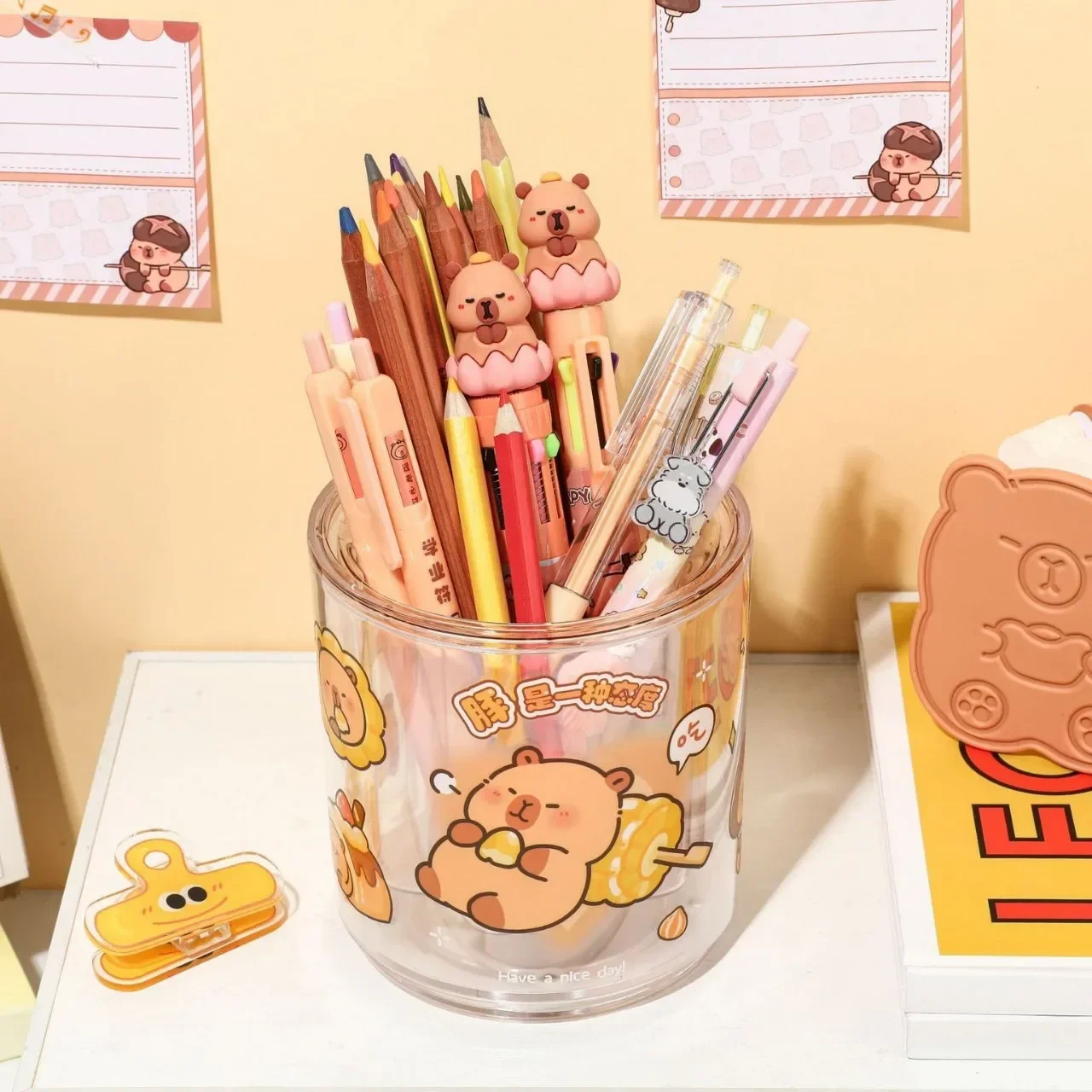 Cartoon Capybara storage box cartoon kawaii transparent rotatable stationery pen holder makeup brush storage Kids Gift