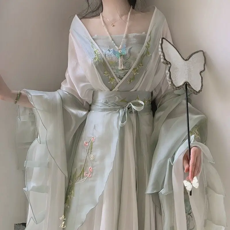 Vestido bordado tradicional chinês para mulheres, fantasia de fada cosplay, hanfu de verão verde e branco, roupas femininas, presente do palco