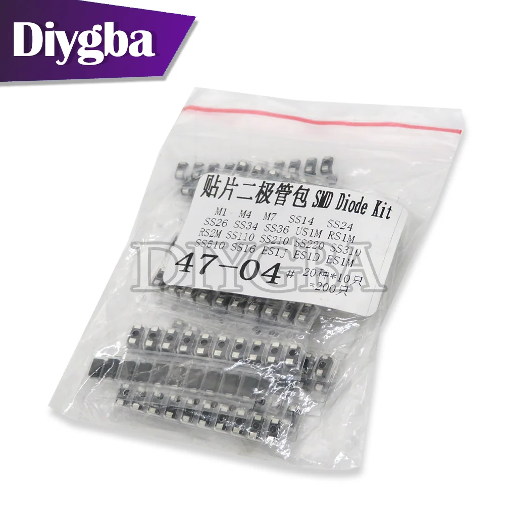 200PCS SMD diode Assorted Kit contains SS110 SS220 SS210 SS310 SS510 SS16 SS26 SS34 SS36 ES1J ES1D M7 M4 20value*10PCS DIYGBA