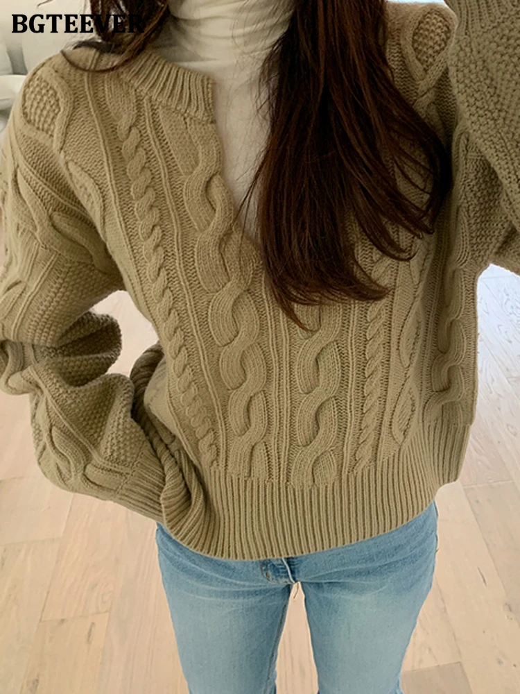 

BGTEEVER Autumn Winter Knitted Jumpers Long Sleeve Twisted Striped Sweaters Women Casual V-neck Loose Female Pullovers Knitwear