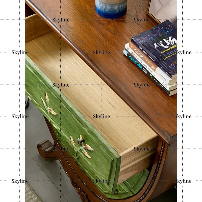 American Style Foyer Painted Entrance Cabinet, Retro Semicircular Partition Table with Three Drawers