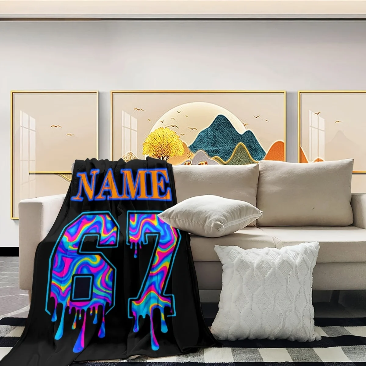 Custom Name Number Blanket Colorful Graffiti Style Fleece Throw All Season Soft Warm Bedding Personalized Gift