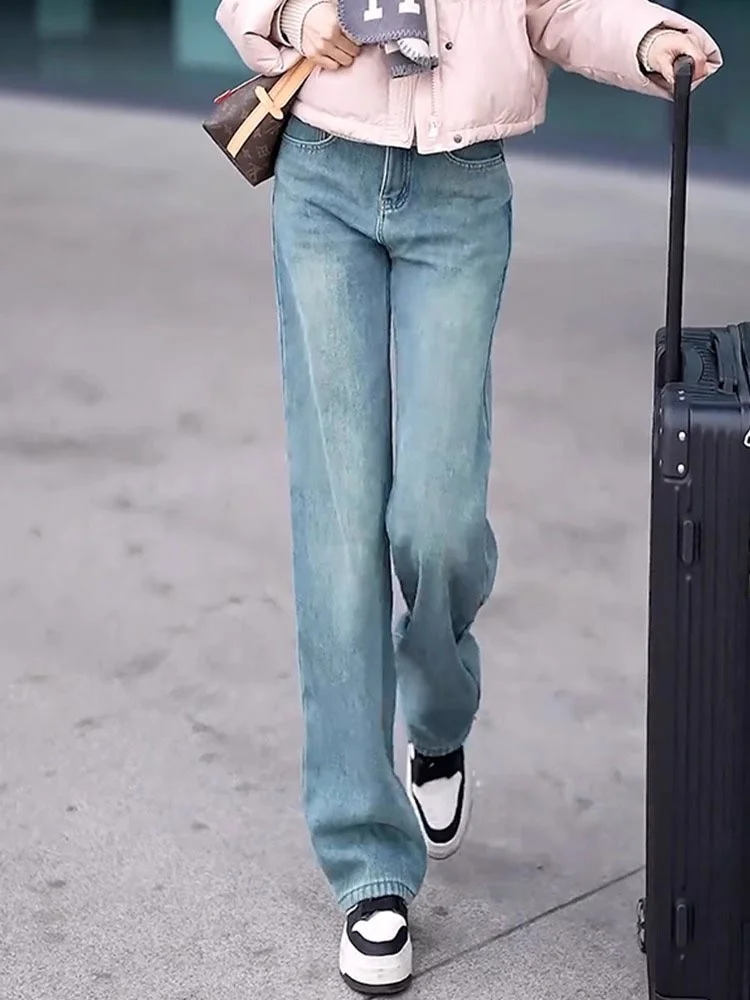 High Waist Wide Leg Jeans Women's Loose Fit Straight Cut Retro Slimming Denim Pants Autumn New Sle plus Size Casual Trousers
