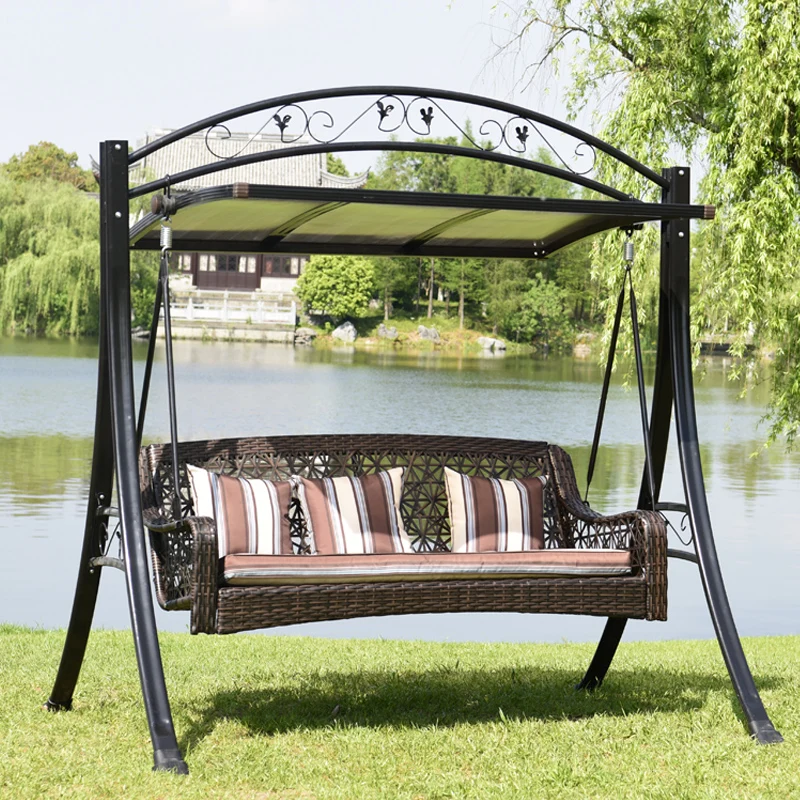 Outdoor Leisure Three-person Metal Swing Chair Garden Patio Rattan Seats Rocking Chair