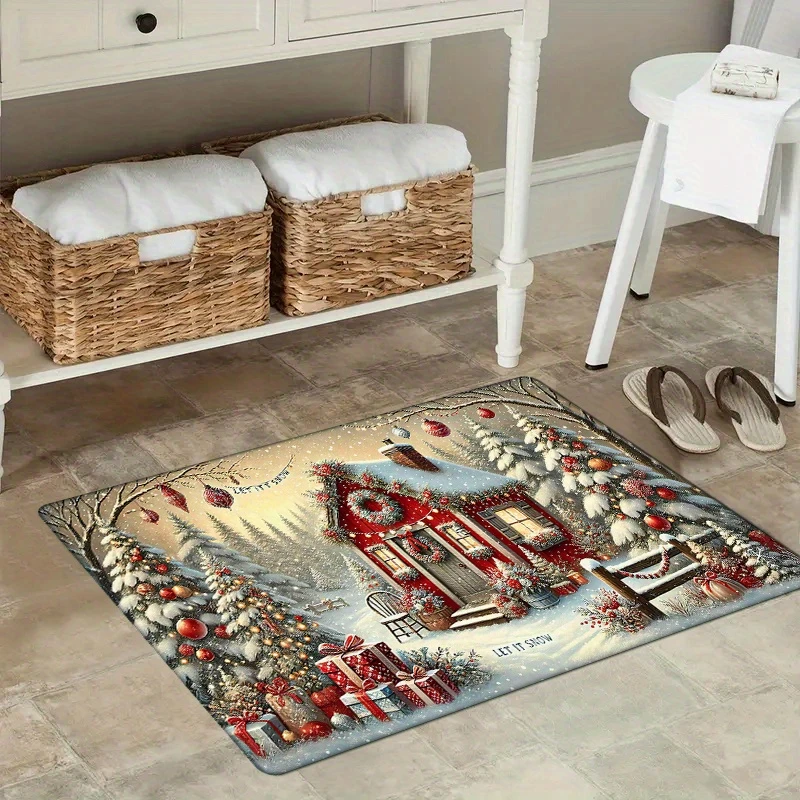 VIKAMA Winter Christmas Cottage Doormat, Non-Slip Entryway Mat, Christmas Front Door and Foyer Decorative Rug, Home Decor