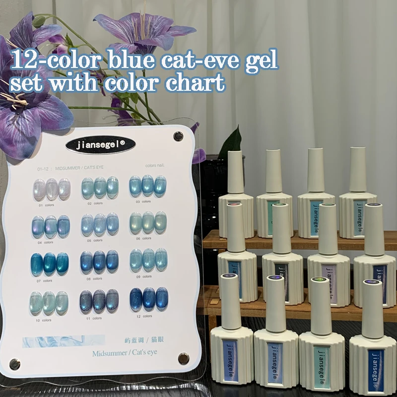 

12-Color Blue Aurora Cat Eye Nail Polish Gel Set, includes color chart, UV nail polish gel, DIY nail art, artistic nail art, gla
