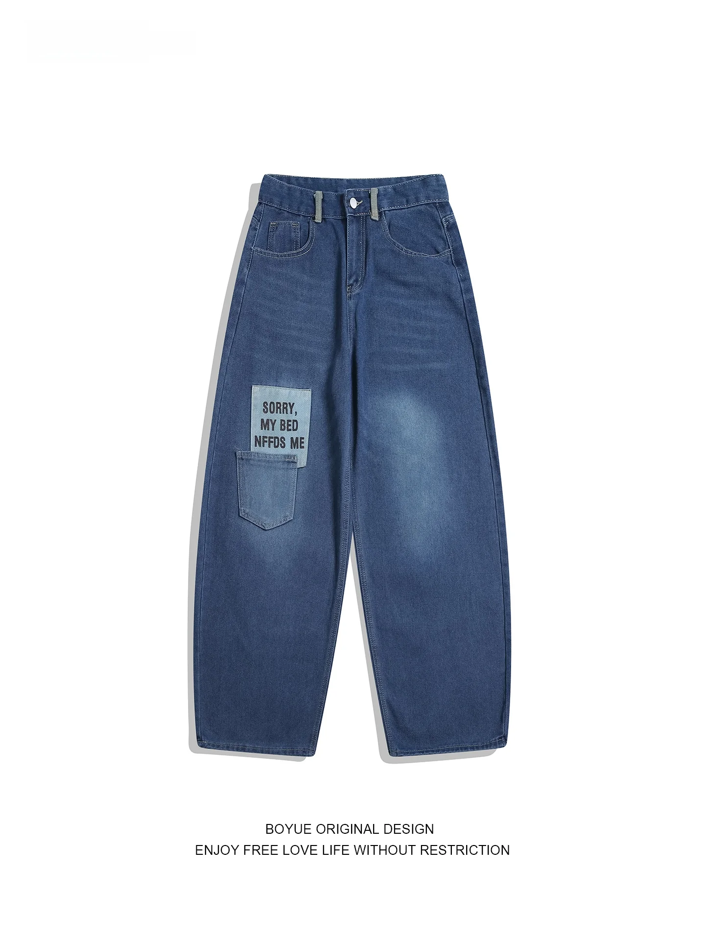 Calças Jeans Boyue American High Street em Patchwork, Lavadas, de Perna Larga, Casuais para Adolescentes, Homens e Mulheres