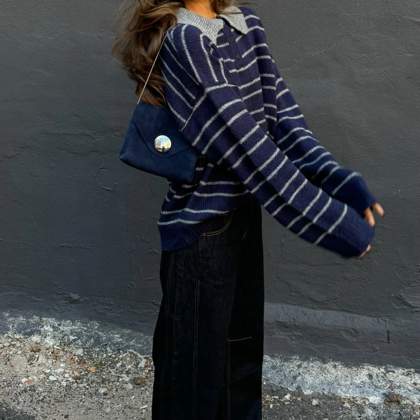 

Aesthetic Striped Sweaters for Women Y2K Long Sleeve V Neck Collared Rugby Jersey Shirt Oversized Button Pullover Knitted Tops