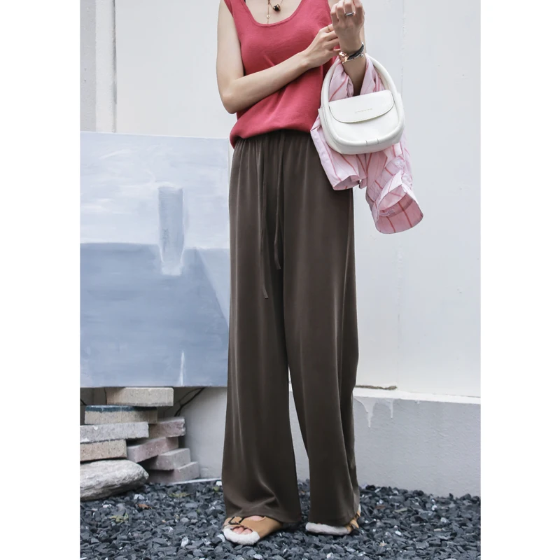 

Летние тонкие брюки из медного аммиачного шелка с эластичным поясом, широкими прямыми штанинами, длиной в пол, с эффектом стройности