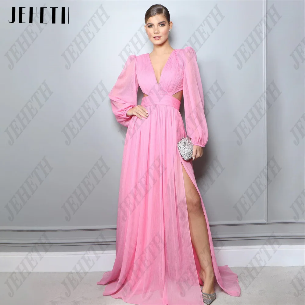 JEHETH Fashion Pink Evening Dresses Long Puff Sleeves Sexy V-Neck Prom Dress Chiffon Side Split A-Line فساتين للحفلات الراقصة