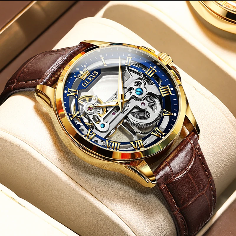 New Skeleton Mechanical Watch For Men Luxury Brand OLEVS Automatic Watch Luminous Leather Strap Waterproof Relogio Masculino