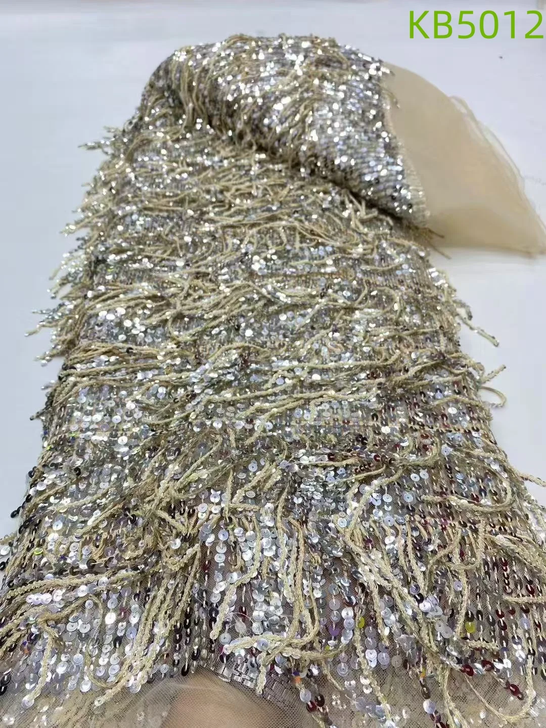 Vertical Striped Sequins Lace African Lace Fabric 5 Yards High Quality 2025 Tassel Beaded Embroidery Fabric For Sewing KB5016