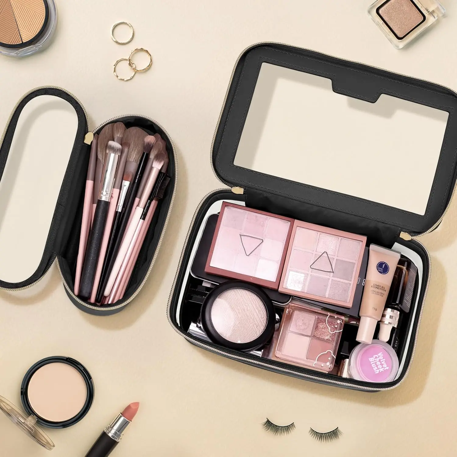 Transparent Travel Cosmetic Bag (Including Loose Powder Brush Bag) + Leather Cosmetic Storage Box + Portable Waterproof Toilet