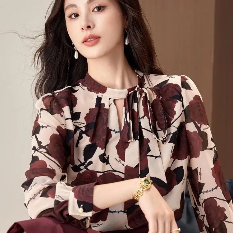 

2025 Autumn New Style Bowknot Floral Chiffon Blouse Women Fashion Shirt
