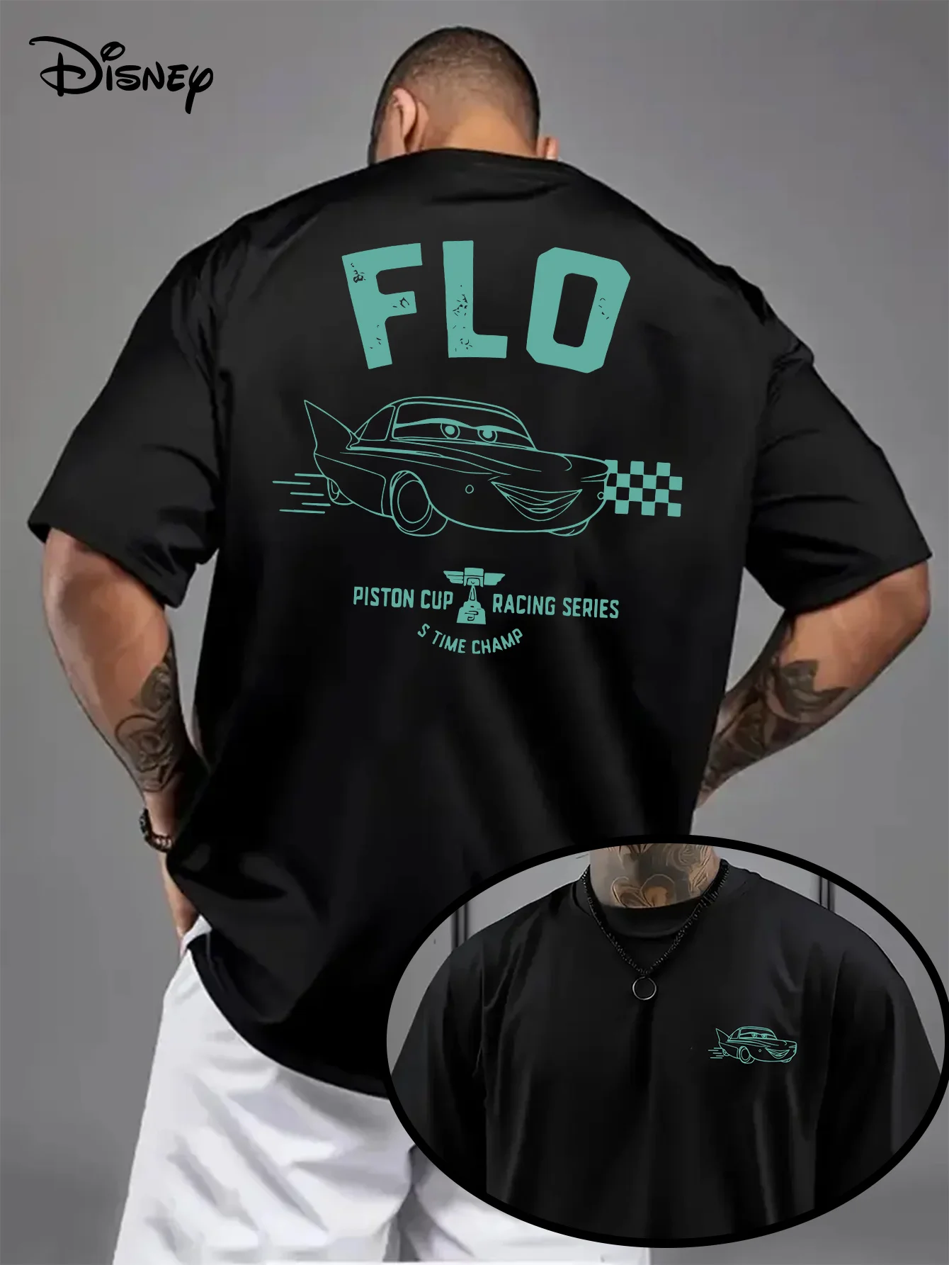 

Men's Disney Flo Pattern Loose Round Neck Short Sleeved T-shirt with Double-sided Racing Design, Breathable Summer Casual Top