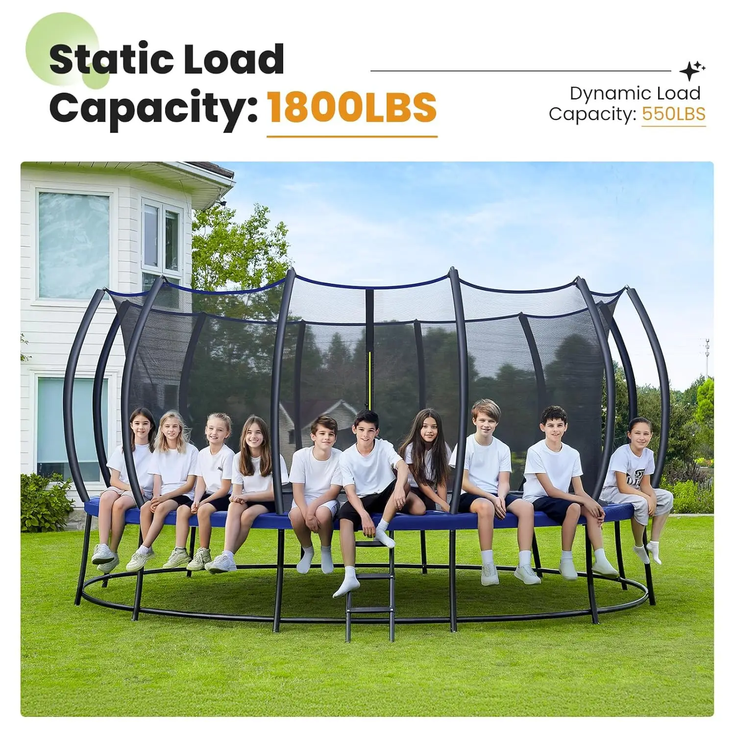 Double frame trampoline, seamless safety design, curved rod