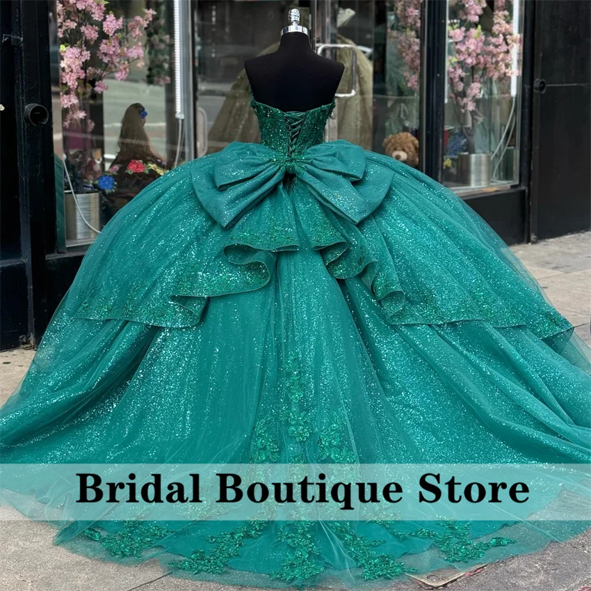 Luxury Emerald Green Quinceanera Dress Ball Gown 2025 Bead Appliques 16th Birthday Gowns Vestidos De 15 Años With Bow Customized