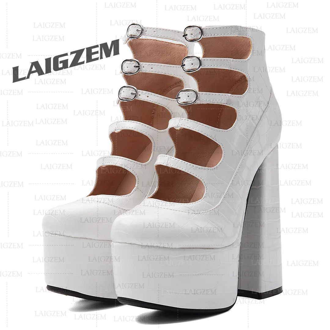 LAIGZEM Women Pumps Round Toe Crocodile Print Thick High Heels Sandals Party Buckle Handmade Shoes Woman Large Size 39 41 43 52