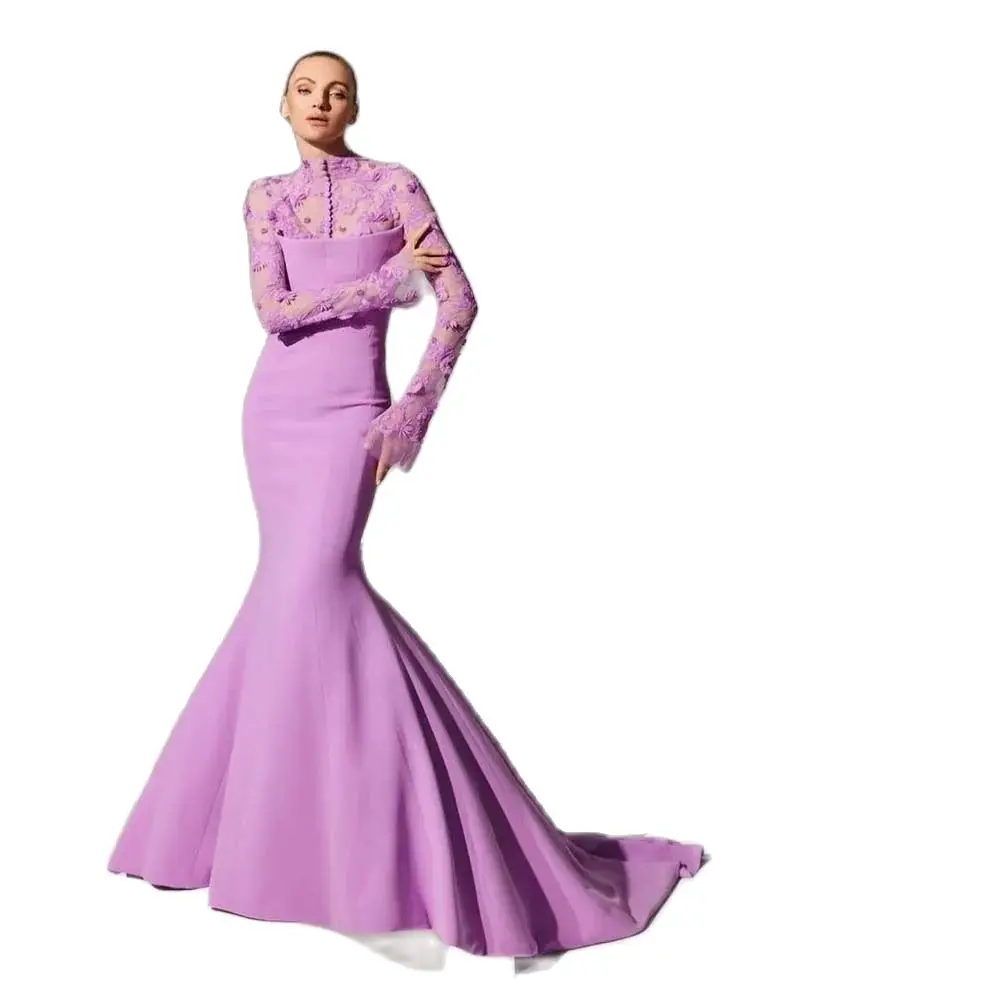 Elegant Purple Evening Dresses Long Sleeve High Neck Lace Mermaid Chapel Train Special Occasion Luxury Prom Dress Vestidos 2024