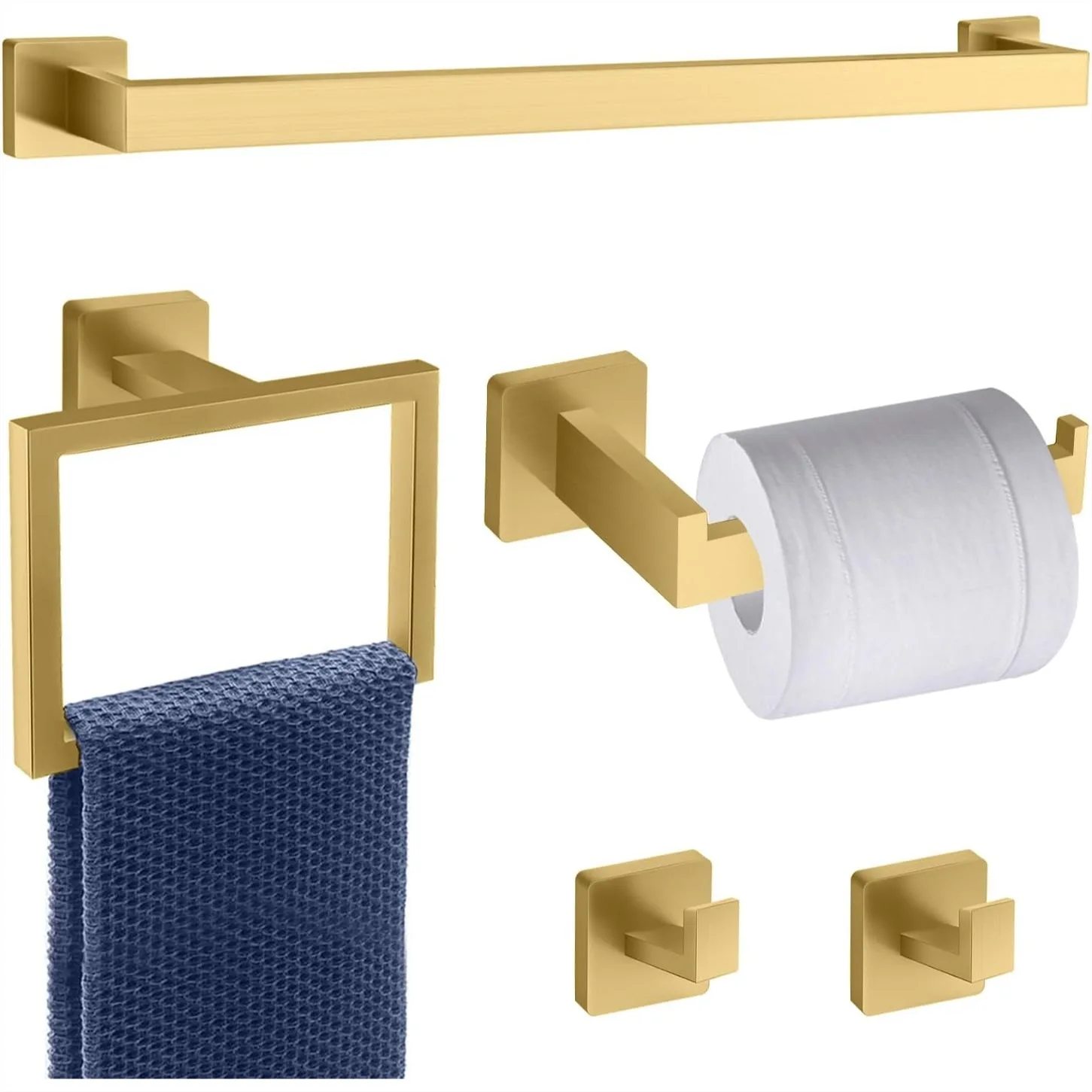 5 Piece Gold Towel Bar Set, Stainless Steel Bathroom Hardware Set with 2 Hooks, Wall Mounted Square 16-Inch Towel Rack