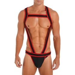 Mens Lingerie One-piece Bodysuit Underwear Wrestling Singlet Costum Trim Chest Harness Jumpsuits Bulge Pouch Jockstrap Underwear