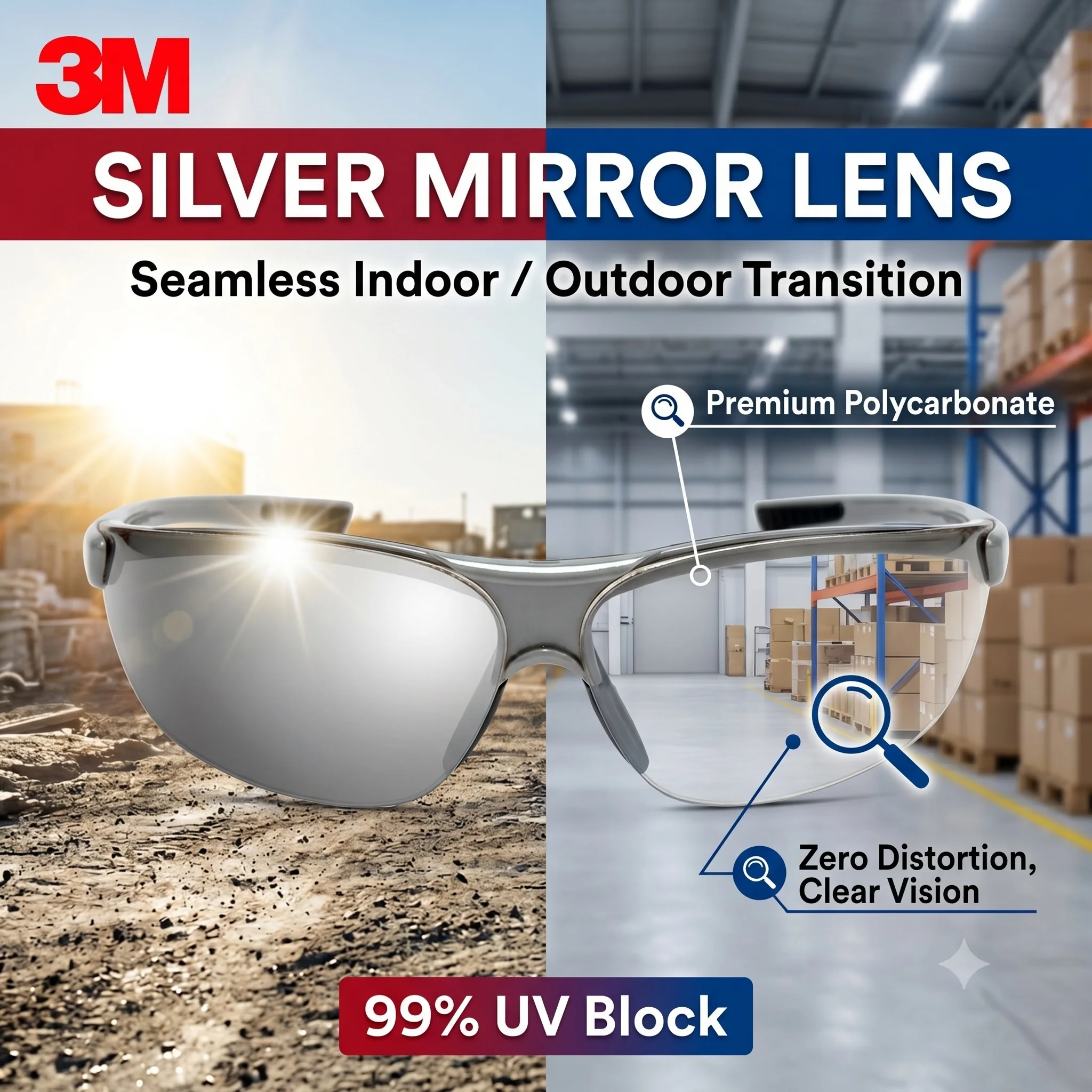 3M 1791T Safety Glasses Silver Mirror Lens Anti-Scratch Protective Eyewear UV Protection Indoor Outdoor Work Goggles view 3
