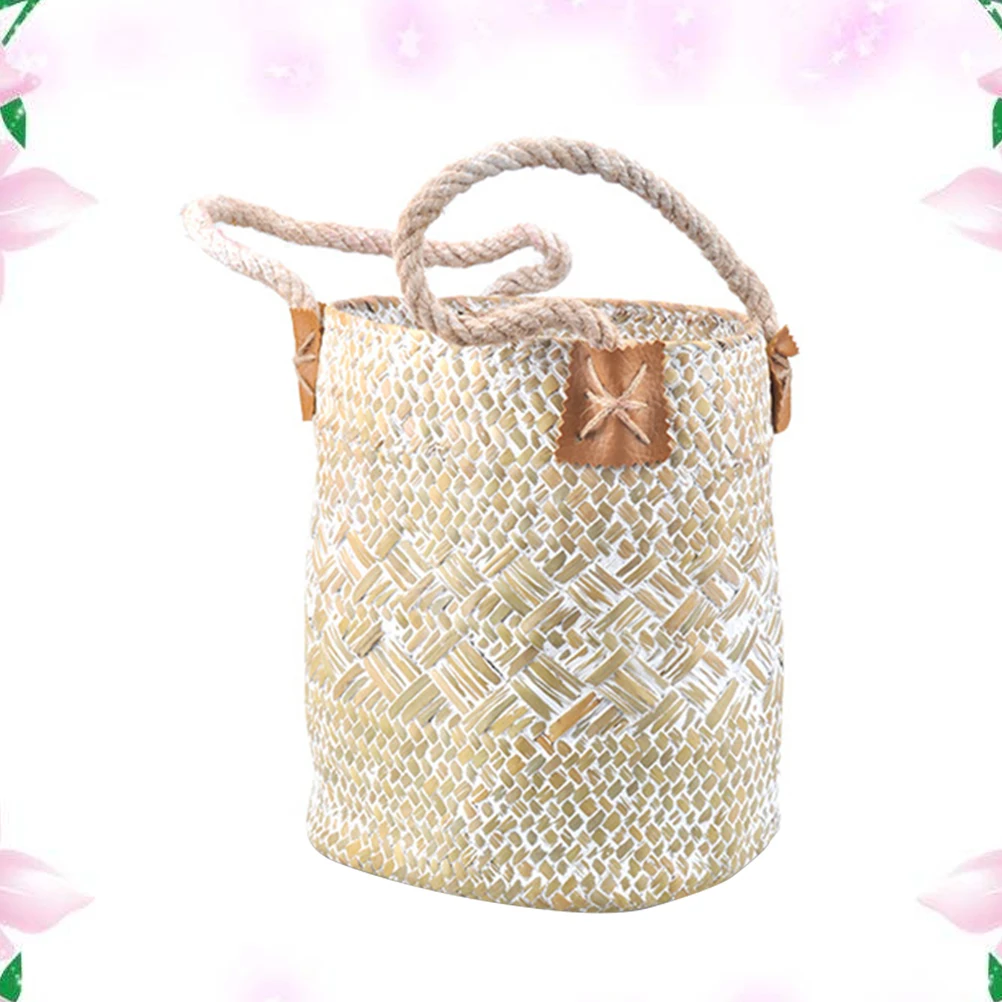 

Large Flower Pot Holder Indoor Plants Small Yellow Seaweed White Braided Basket Woven Flower Pot Desktop Storage Handmade Basket