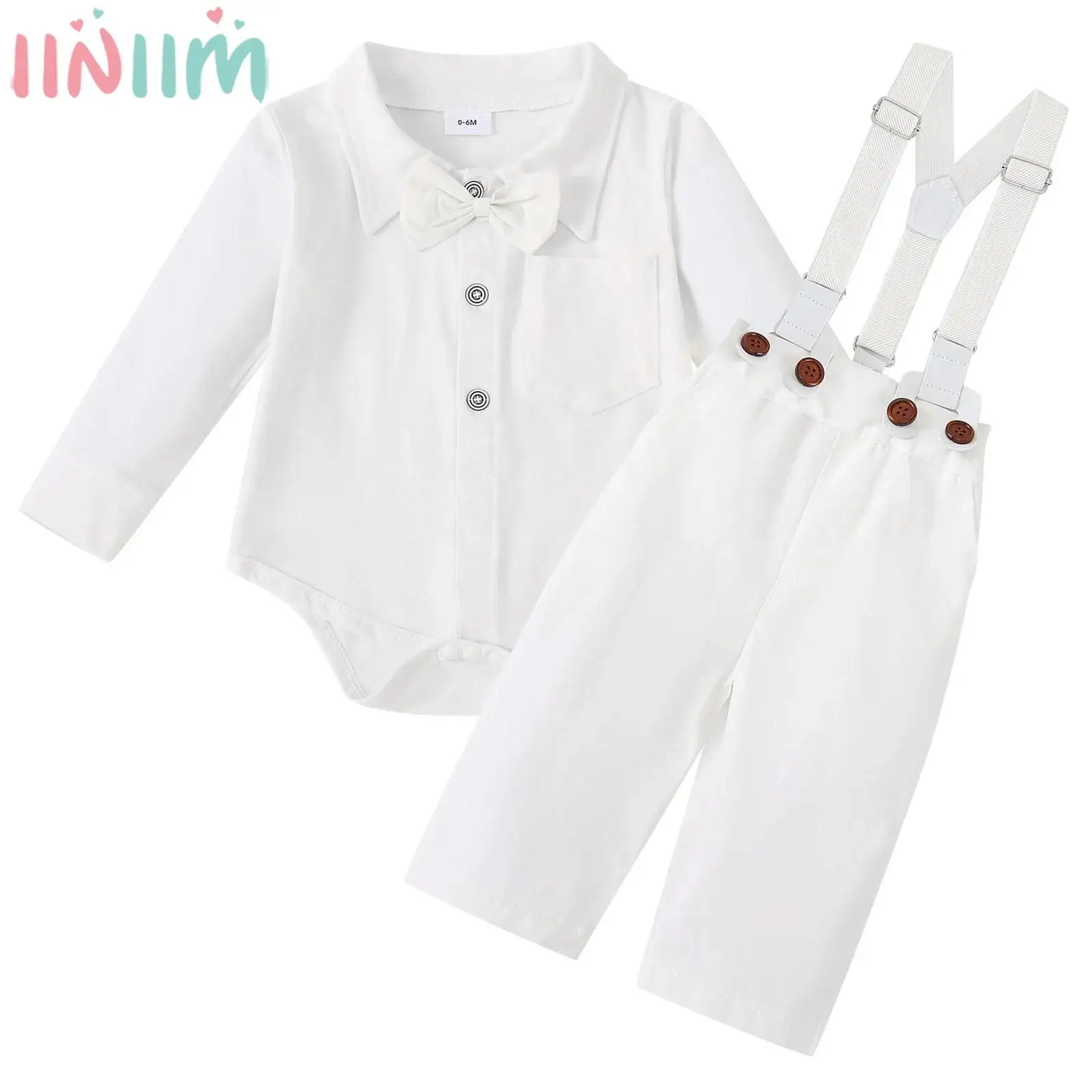 

Baby Boys Gentleman Baptism Christening Outfit Long Sleeve Bowtie Romper with Overalls for Birthday Party Wedding Church Event
