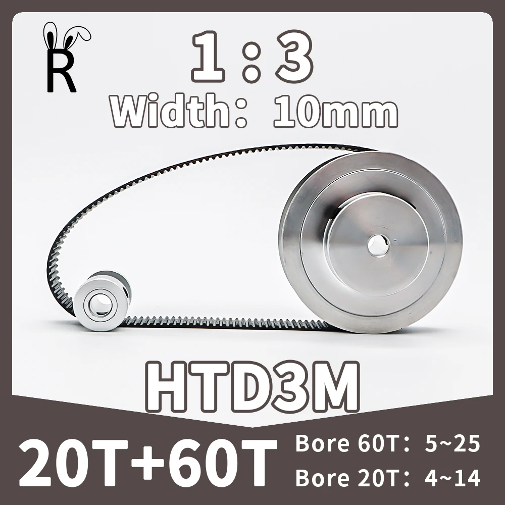 60T 20T HTD 3M Timing Pulley Set Rubber Belt Pulley Kit 60Teeth 20Teeth Belt Width 10mm 3M Belt Set HTD3M Synchronous Wheels Set