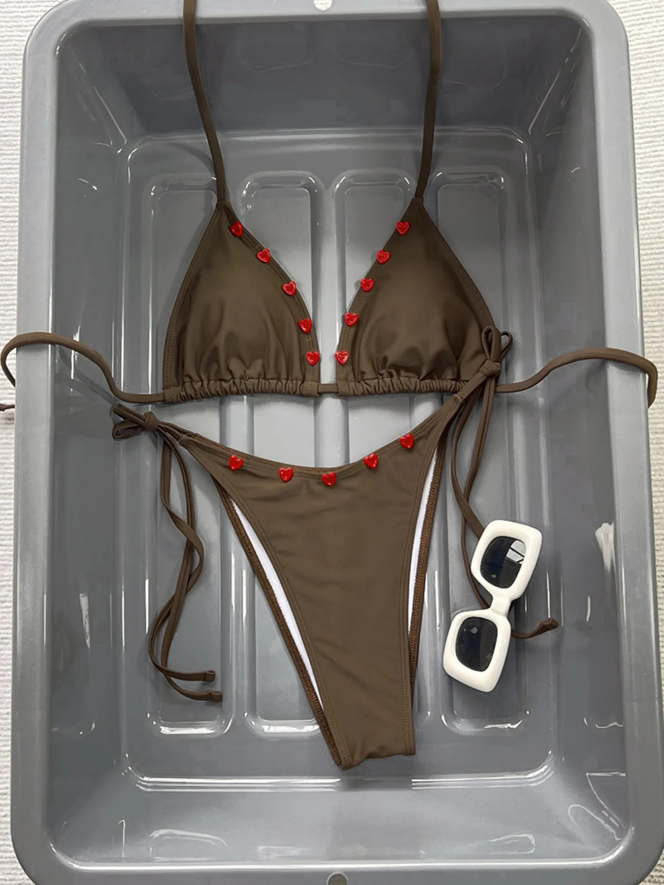 sexy red heart decoration micro bikinis sets two pieces halter back tie thong swimsuits bathing suit swimwear biquini tankini