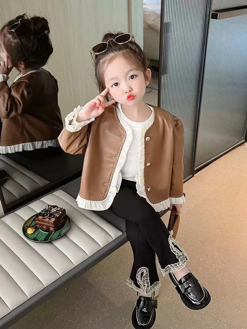 

Girls Leather Jacket Spring Autumn Coat Children Korean PU Leather Clothes Kids Fashion Overcoat New Fation2 3 4 5 6 T