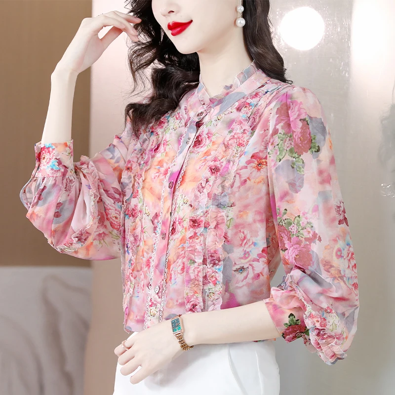 Ele Floral Print Silk irt Women's Spring 2024 Faionable Lace Trim Straight Cut Long Sve Busin Casual irt:Ele Floral Print Silk irt Women's Spring 2024 Faionable Lace Trim Straight Cut Long Sve Busin Casual irt:Damska sukienka z jedwabiu w kwiatowy wzór, na wiosnę 2024, modna, z koronkowym wykończeniem, o prostym kroju, długa, biznesowa, codzienna.