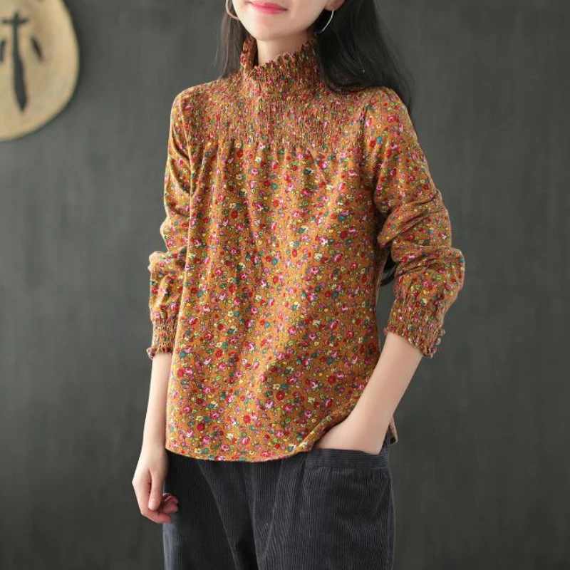 Artistic Retro Interior Brushed Floral T-shirt for Spring and Autumn Plus Size Base, Elastic Half High Neck Long Sleeved Top