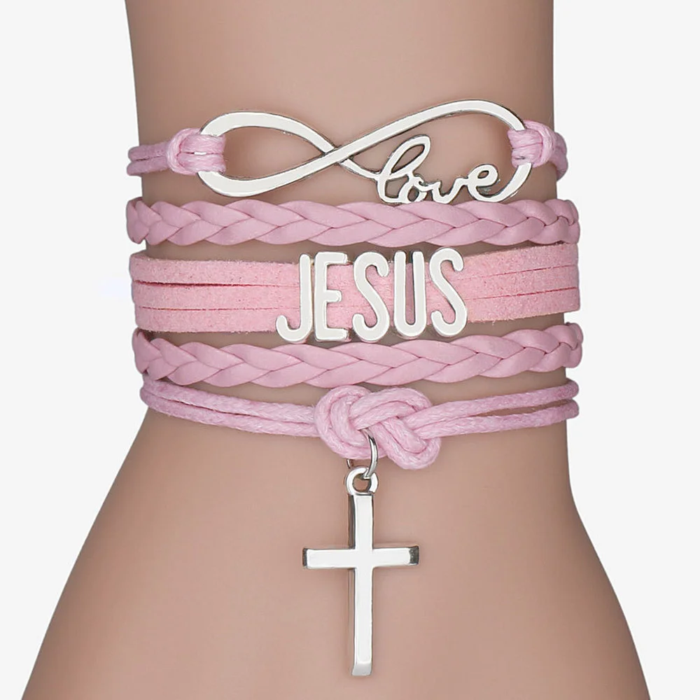 Gemischte Farbe Seil Armband Unendlichkeit Liebe Jesus Fisch Christian Kreuz Gott Charms Anhänger Leder Armband Unisex Jesus Schmuck