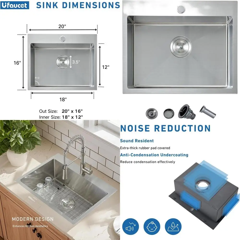 Pia de Cozinha de Embutir de Aço Inoxidável de 20 Polegadas com Cuba Única, Níquel Escovado Calibre 16 para RV e Preparação de Bar Externo