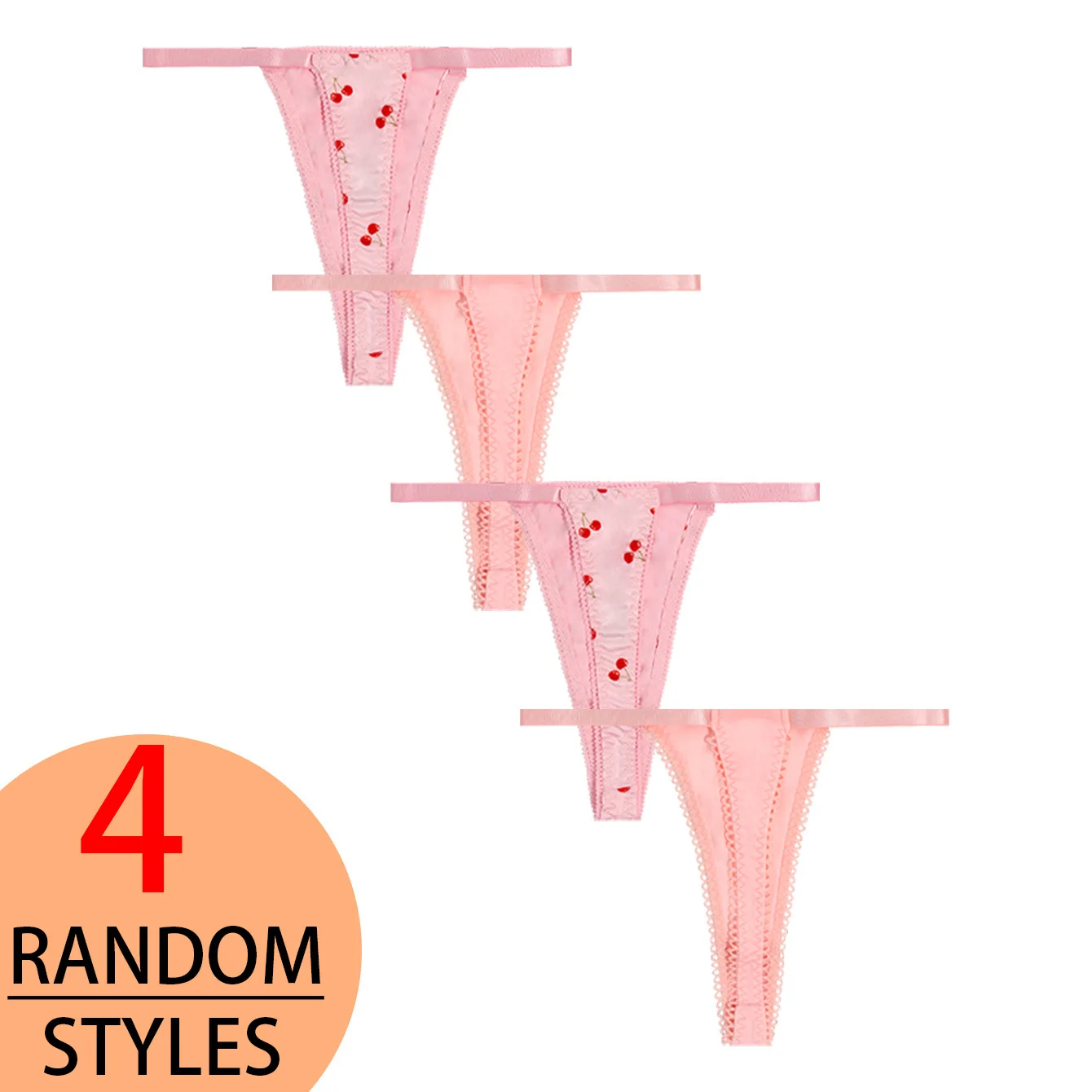 Random 4 pairs of high quality silky cherry print cute bow sexy simple women's Thong lace comfortable girls' underwear