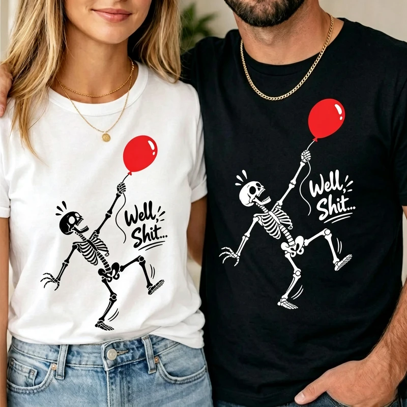 Funny Skeleton Grab Red Balloon Graphic T Shirt Unisex Humor Slogan Halloween Short Sleeve Casual Crew Neck Cotton Street Tee