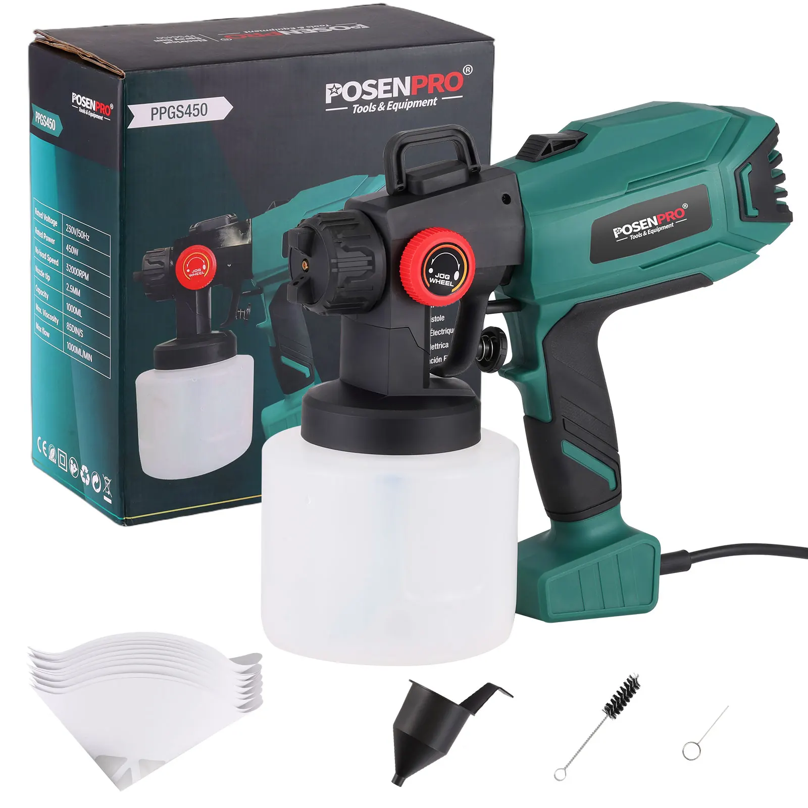 POSENPRO 450W Electric Paint Spray Gun, Blowing & Cleaning Function, 1000ml Tank, for Furniture, Walls, Doors, Fences, DIY Tools