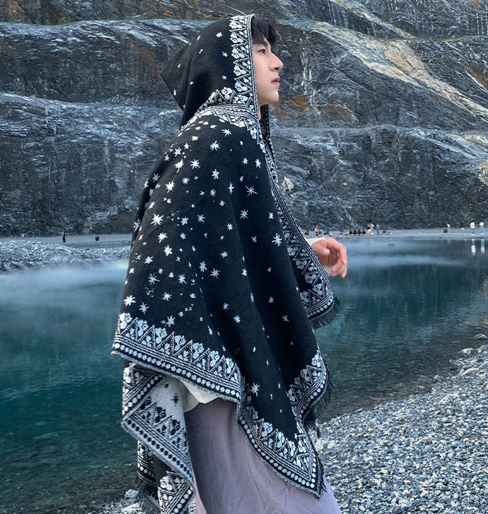 

Man Vintage ethnic style Pocho starry sky Cape autumn and winter warm imitation cashmere travel with hat cloak outer wear P1