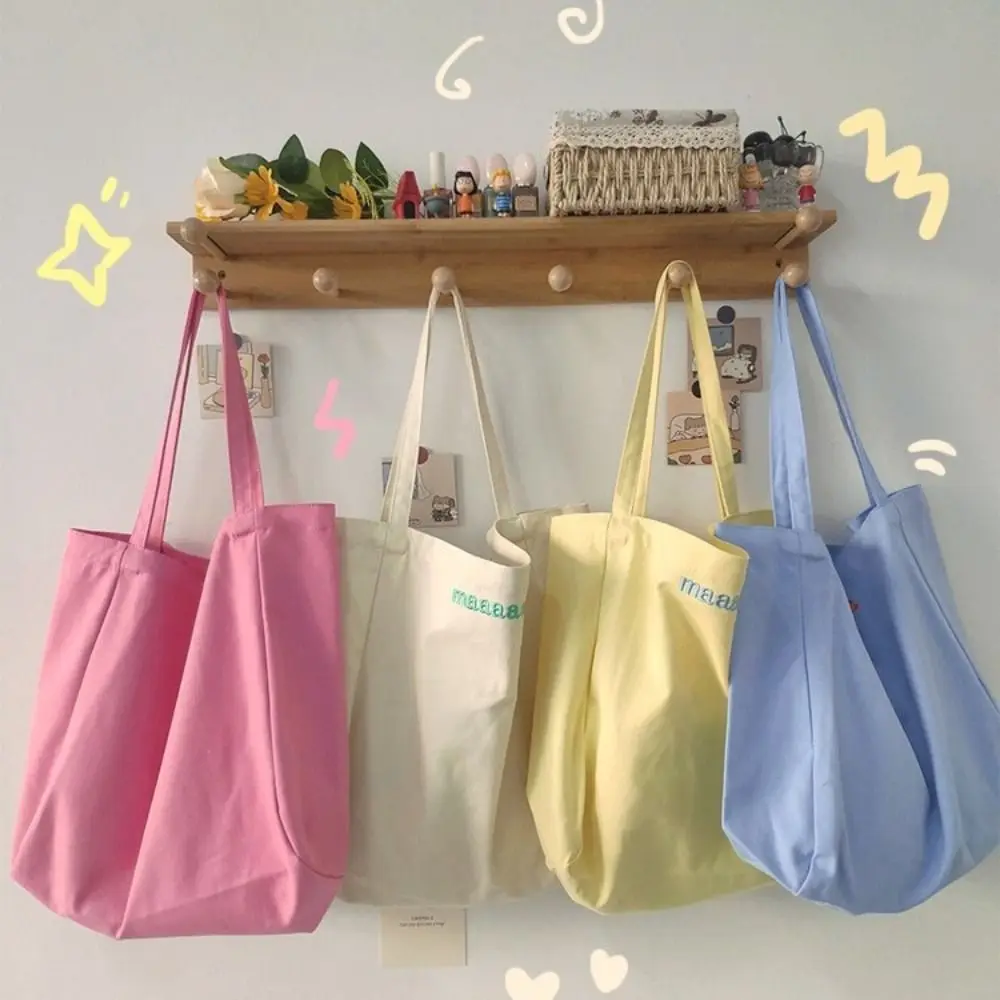 Letter Embroidery Candy Color Canvas Bag Large Capacity Korean Style Vacation Tote Bag Solid Color Office Worker Tote