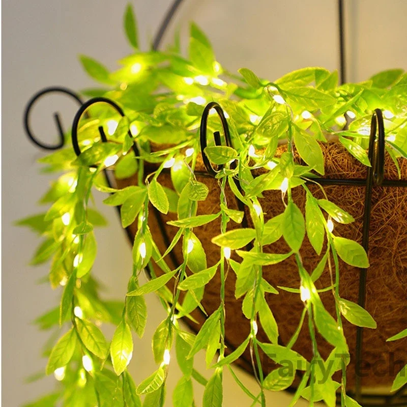 

2 M 20 LEDS Always on Battery Box Willow Curtain Lamp Decorative Light String Imitation Leaf Wrought Iron Basket Copper Wire