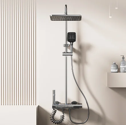 Modern Copper Wall Mounted Piano Shower System Faucet Set with Rainfall and Soft Spray Patterns Slide Bar for Bathroom Use