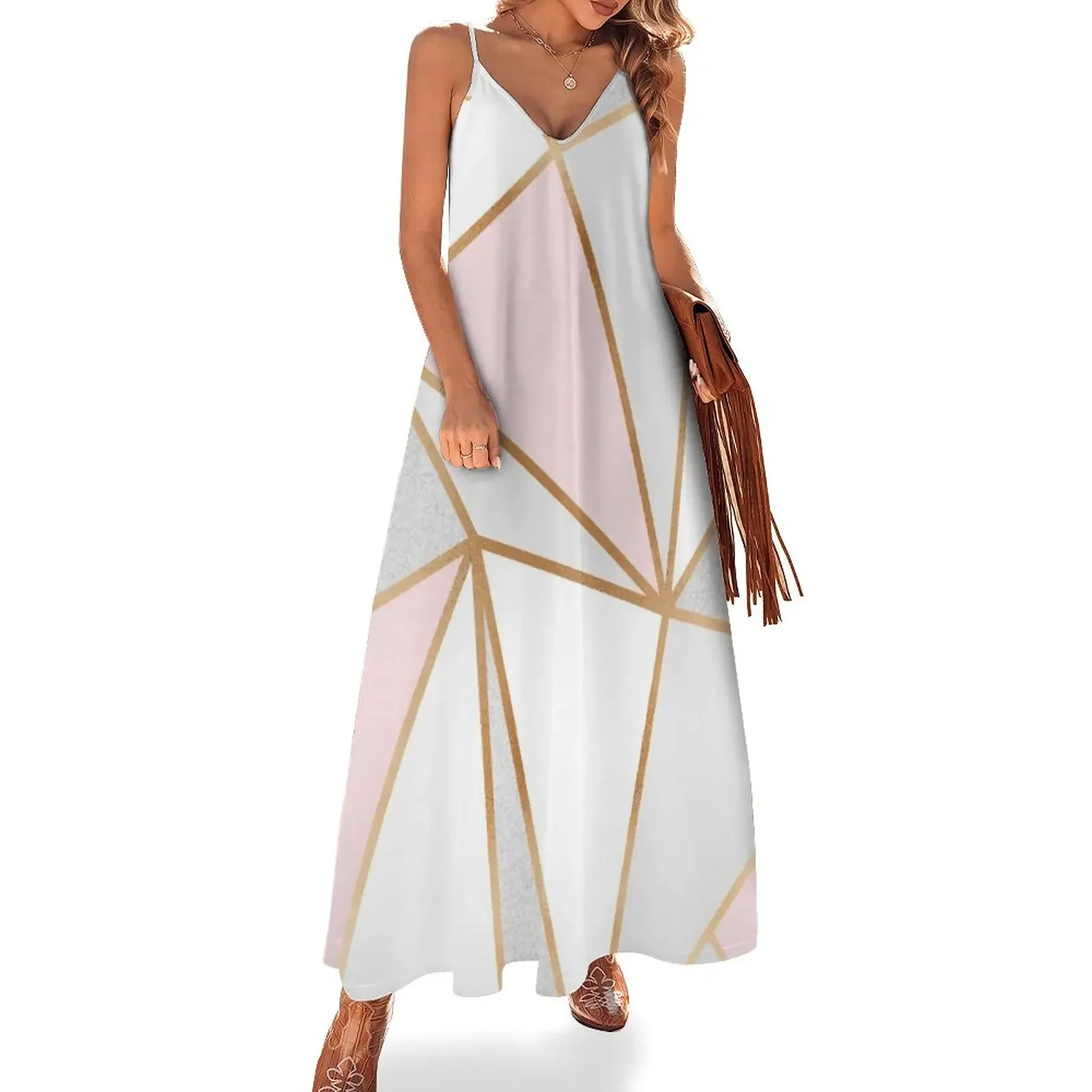 

Pink, Grey & Gold Geo Sleeveless Dress dress women summer 2025 Evening gown summer outfits for women 2025 Dress