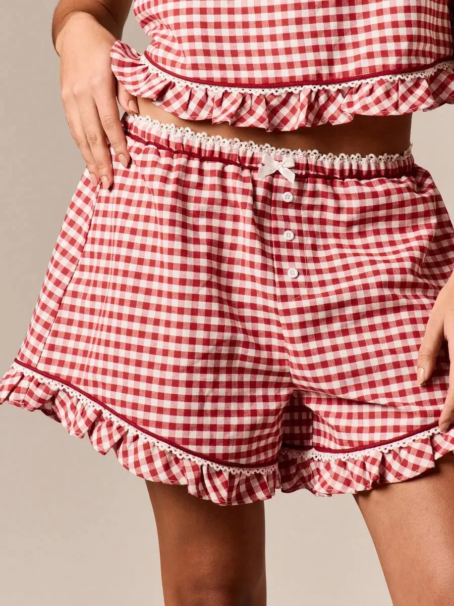 

Red And White Gingham Ruffle Hem Pajama Set For Women Cami Top Shorts Sleepwear Loungewear