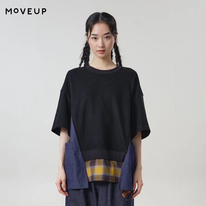 MOVEUP Women's Fun Series Fake Three-Piece T-Shirt Crew Neck Plaid Spliced Patch Pockets Tees Irregular Hem Loose Tops 3ELQ10561