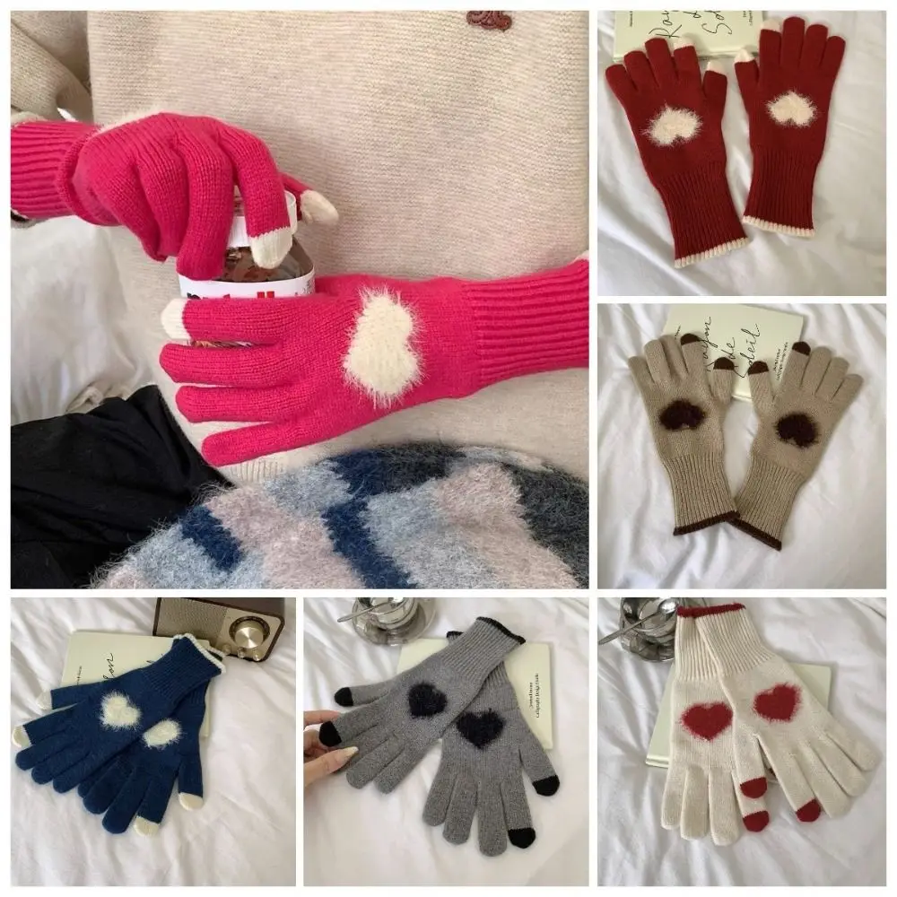 Elegant Touchscreen Women Knitted Gloves Warm Windproof Love Heart Gloves Thicken Full Finger Cycling Gloves Snowboard