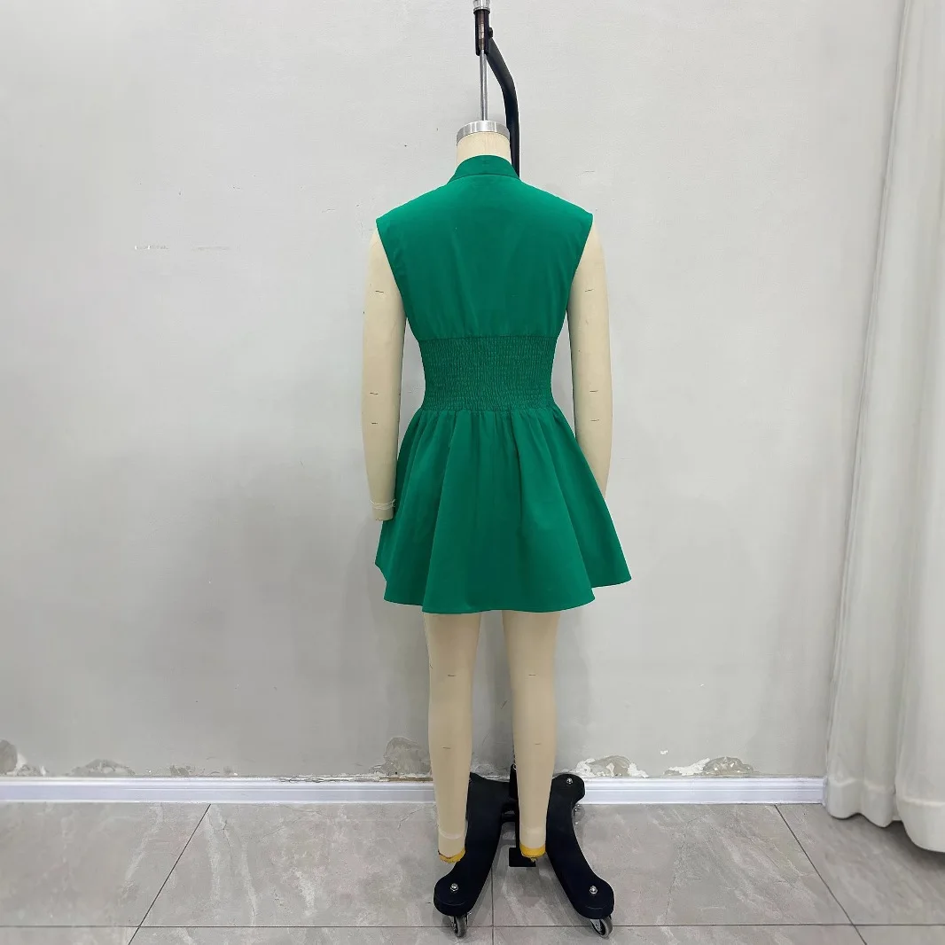 2025 Summer New Fashion V-neck Zipper Open Women Dress Simple Solid Color Female Sleeveless Dresses