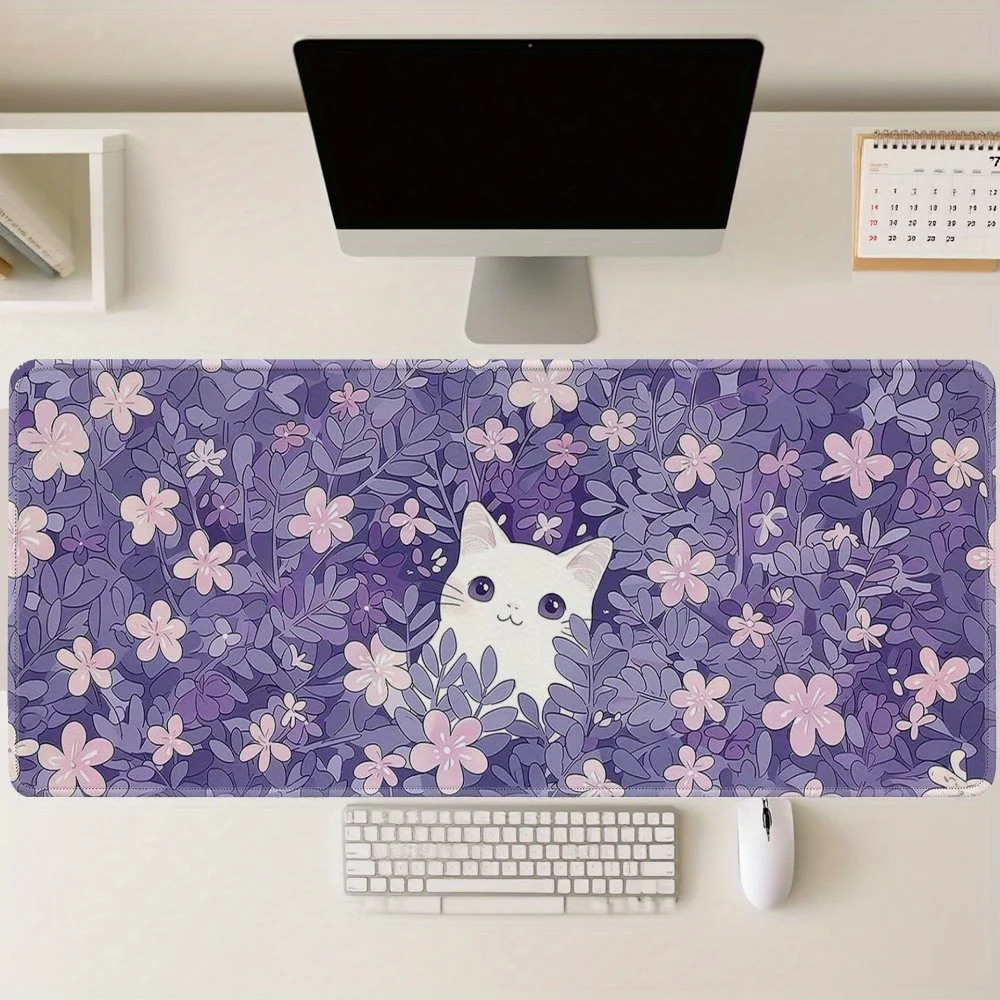 Kawaii white cat and purple floral pattern Mouse Pad Desk Mat Gaming mats Non-Slip Stitched Edge desk accessories tapis souris